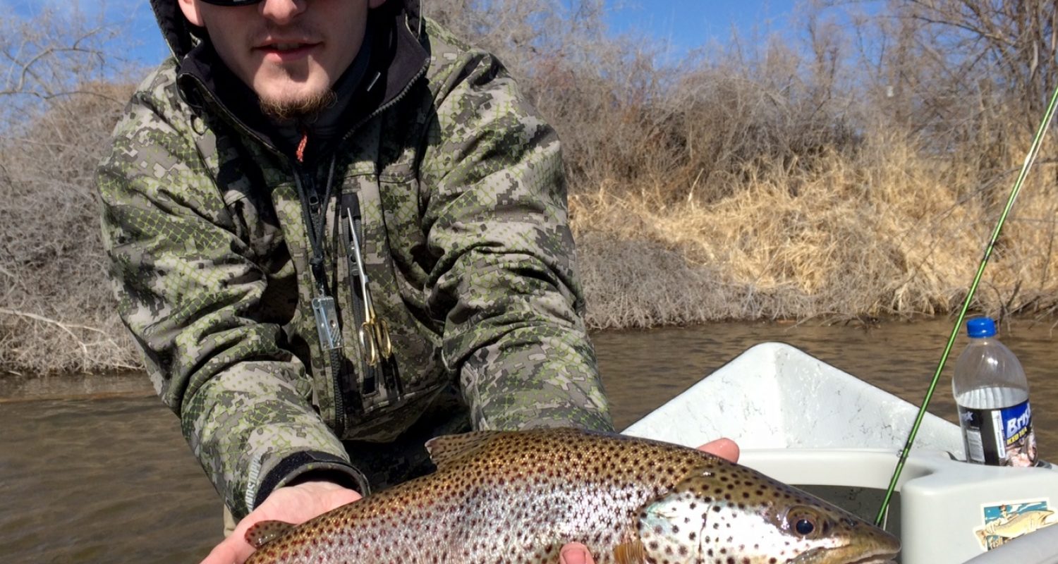 ALEC BACON WITH A GREY REEF BROWN TROUT